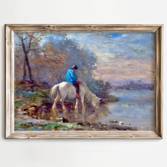 Tranquil Horseback Rider Art Print Peaceful Lake Scene Painting Equestrian Landscape Wall Decor Country Life Artwork Serene Nature Print