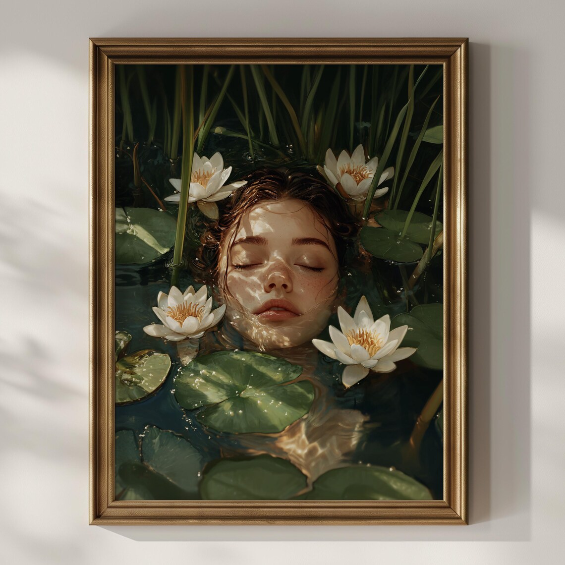 Woman Floating Water Lilies Ophelia Inspired Fantasy Art Poster