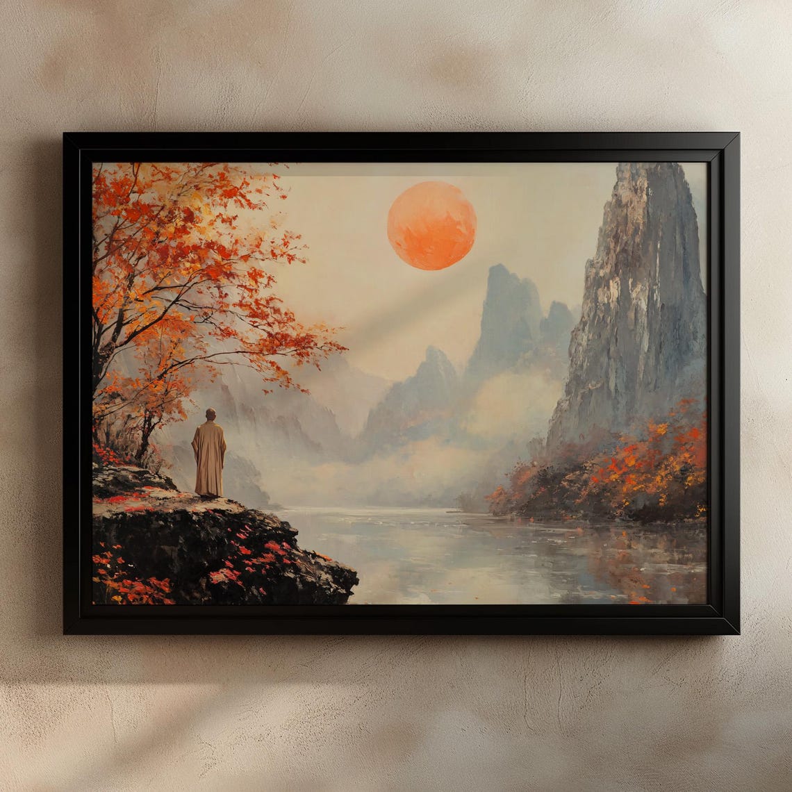 Autumn Red Sun Over Misty Mountains Lone Monk Zen Landscape Poster