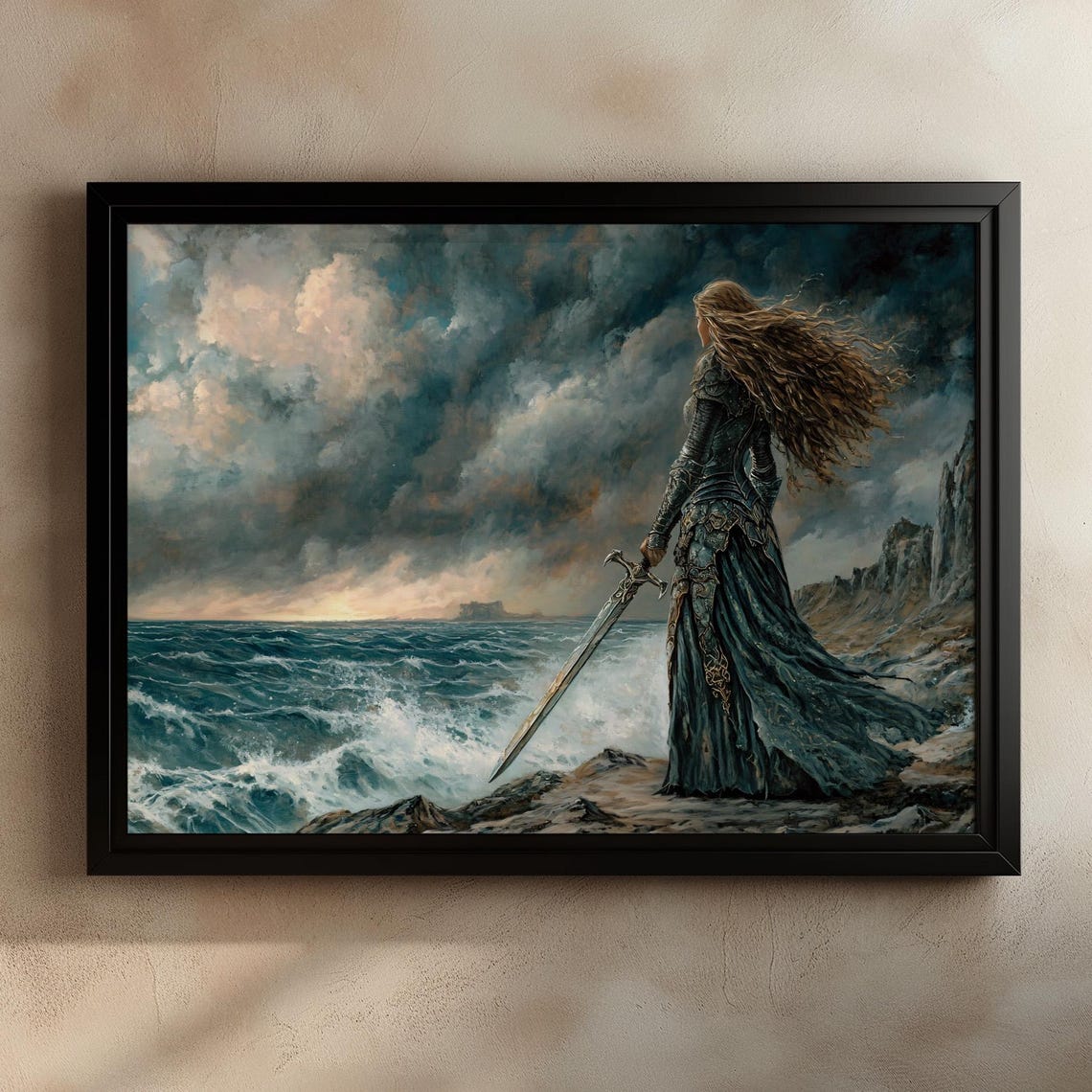 Female Warrior With a Sword Standing on a Stormy Dark Coast Poster
