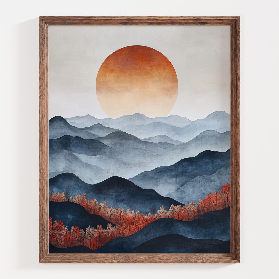 Layered Blue Mountains with a Giant Orange Sun Abstract Print
