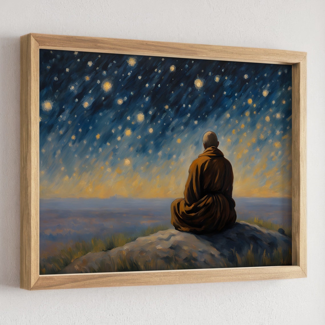 Echoes Of Eternity Spiritual Zen Home Decor Starry Night Print Meditating Monk Tranquil Nature Scene Prints Serene Landscape Poster