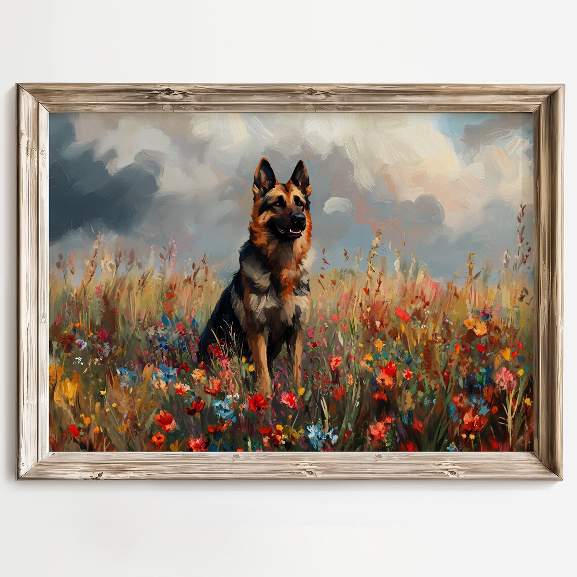 German Shepherd Standing Tall in a Wildflower Meadow Art Poster