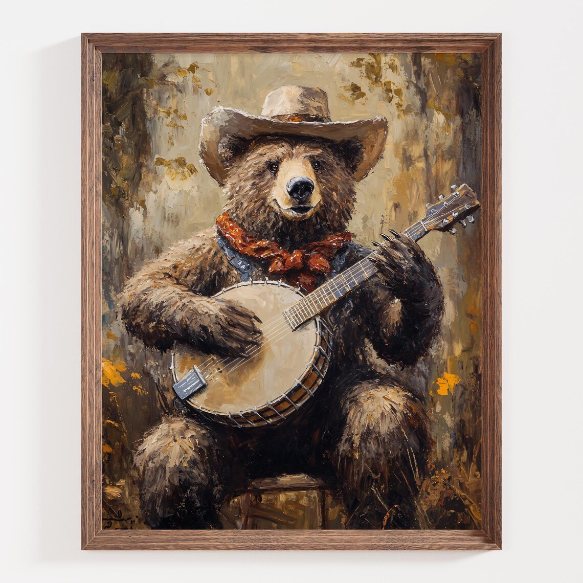 Cowboy Bear Playing Banjo, Rustic Western Art Print