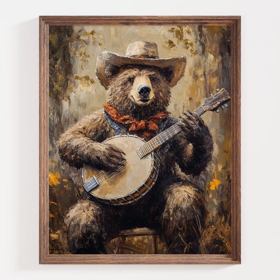 Cowboy Bear Playing Banjo, Rustic Western Art Print