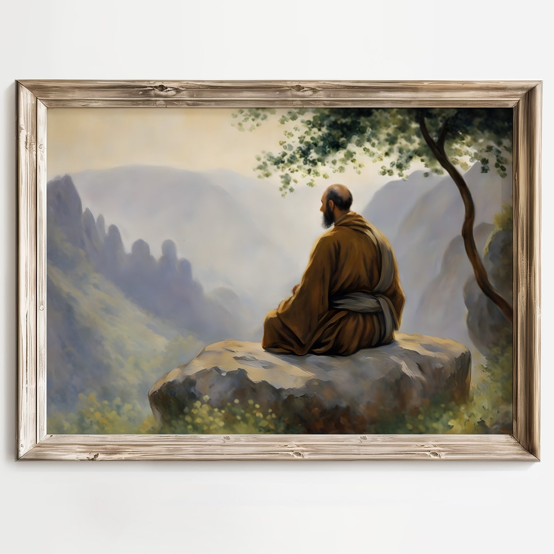 Meditation On The Peak Spiritual Zen Home Decor Peaceful Scenery Meditating Monk Nature Prints Serene Landscape Poster Mountain Art