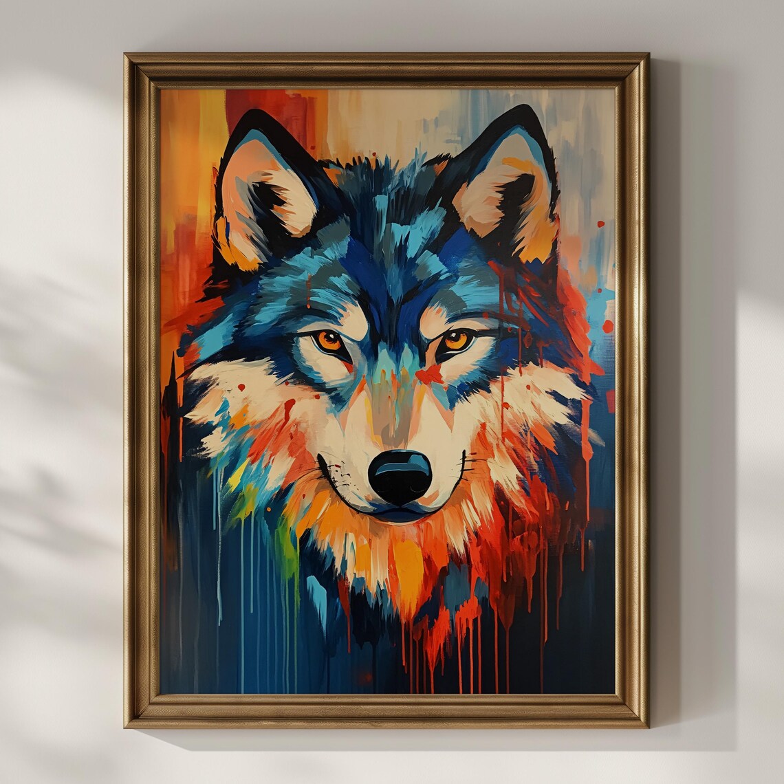 Vibrant Abstract Wolf Portrait Blue And Orange Wildlife Painting Poster - Image 2