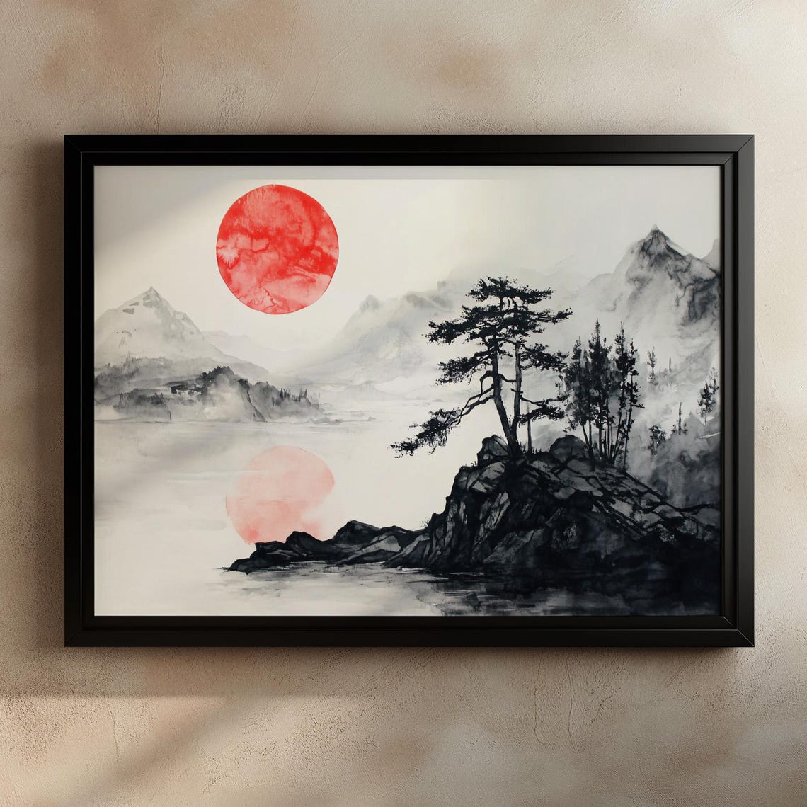 Red Sun Over Ink Mountains Japanese Sumi E Zen Landscape Poster - Image 3