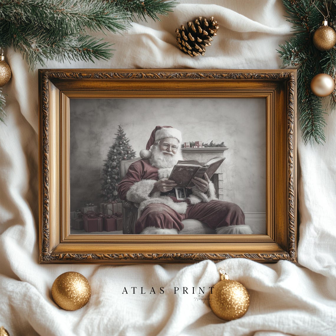 Santa Claus Reading By The Fireplace Vintage Christmas Book Poster - Image 5