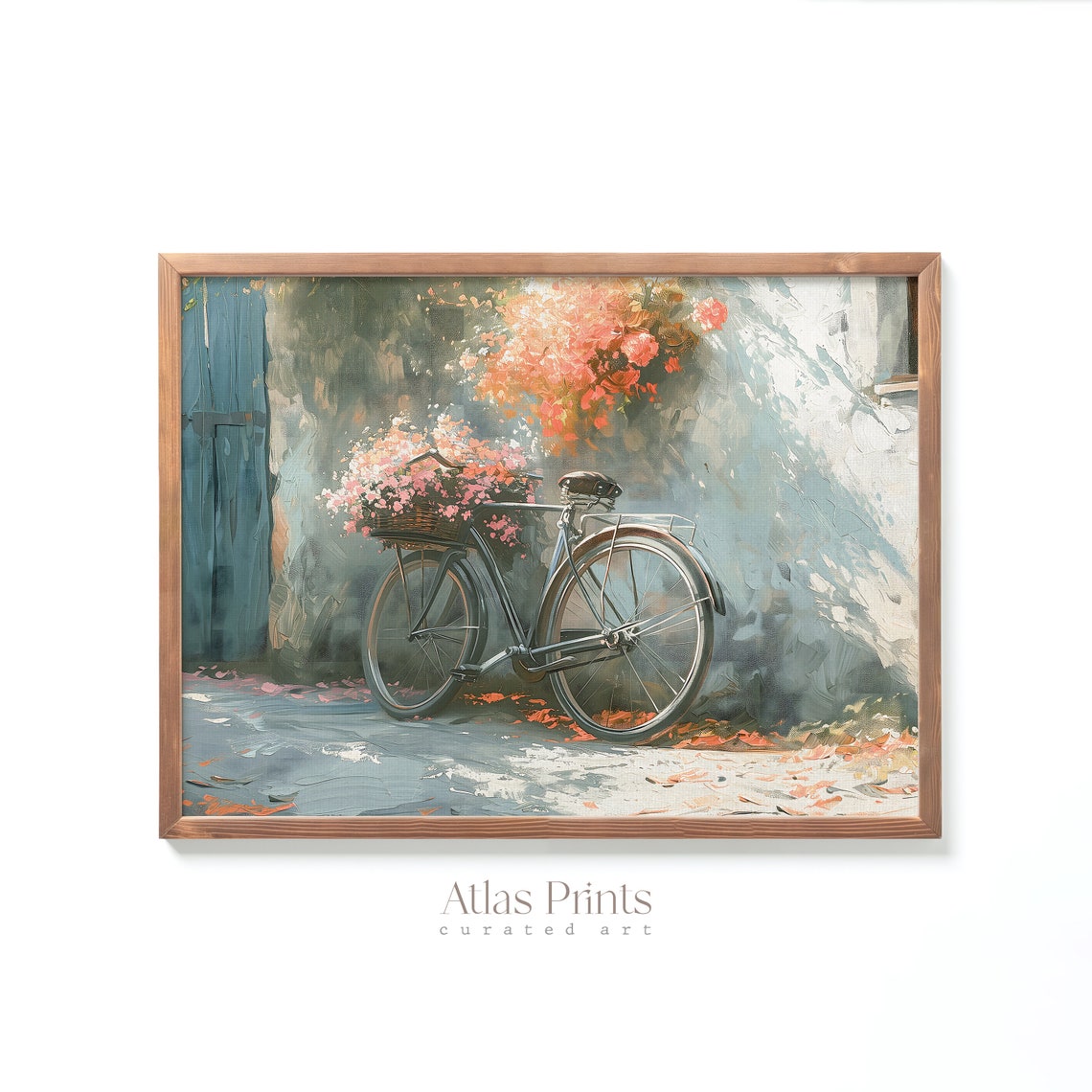 Vintage Bicycle With Flower Basket Spring Blossom Street Scene Poster