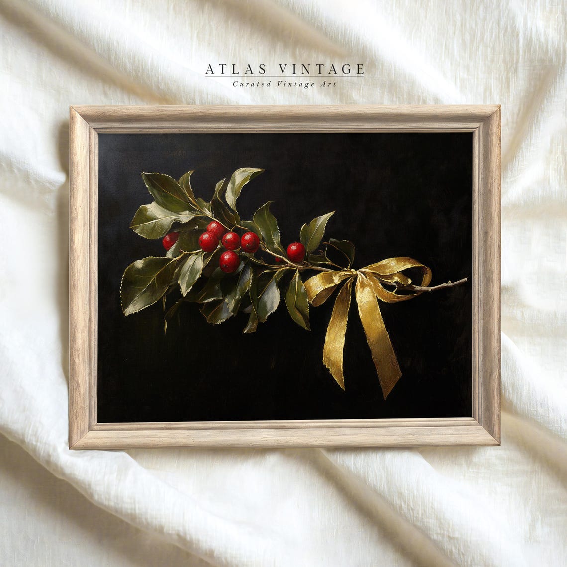 Vintage Mistletoe Holly Berries Gold Bow Dark Christmas Poster - Image 3