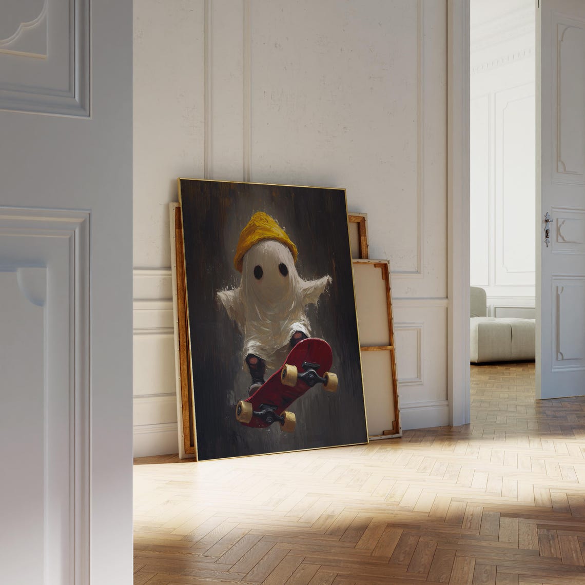 Cute Ghost Riding Red Skateboard With Yellow Beanie Halloween Poster - Image 2