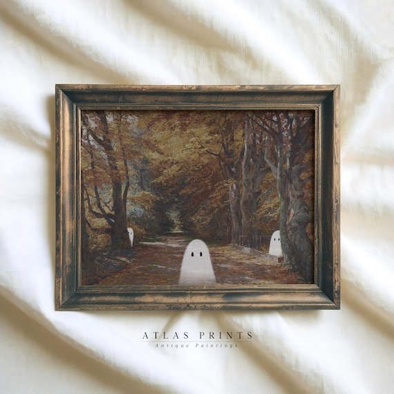 Three Cute Ghosts On An Autumn Forest Path Vintage Style Poster