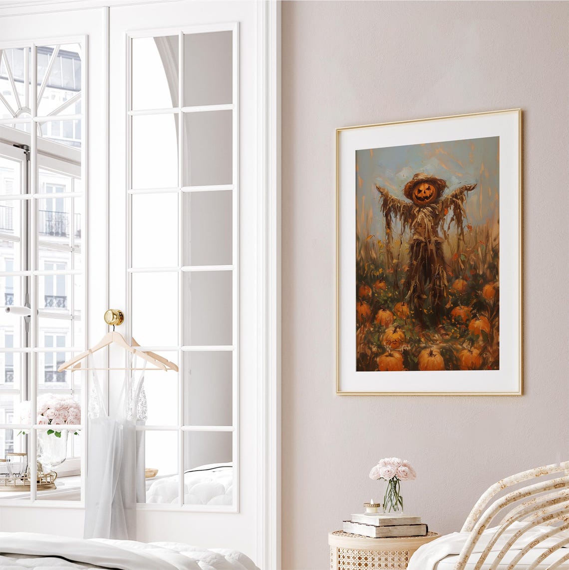 Pumpkin Head Scarecrow In A Patch Of Pumpkins Autumn Art Poster - Image 2