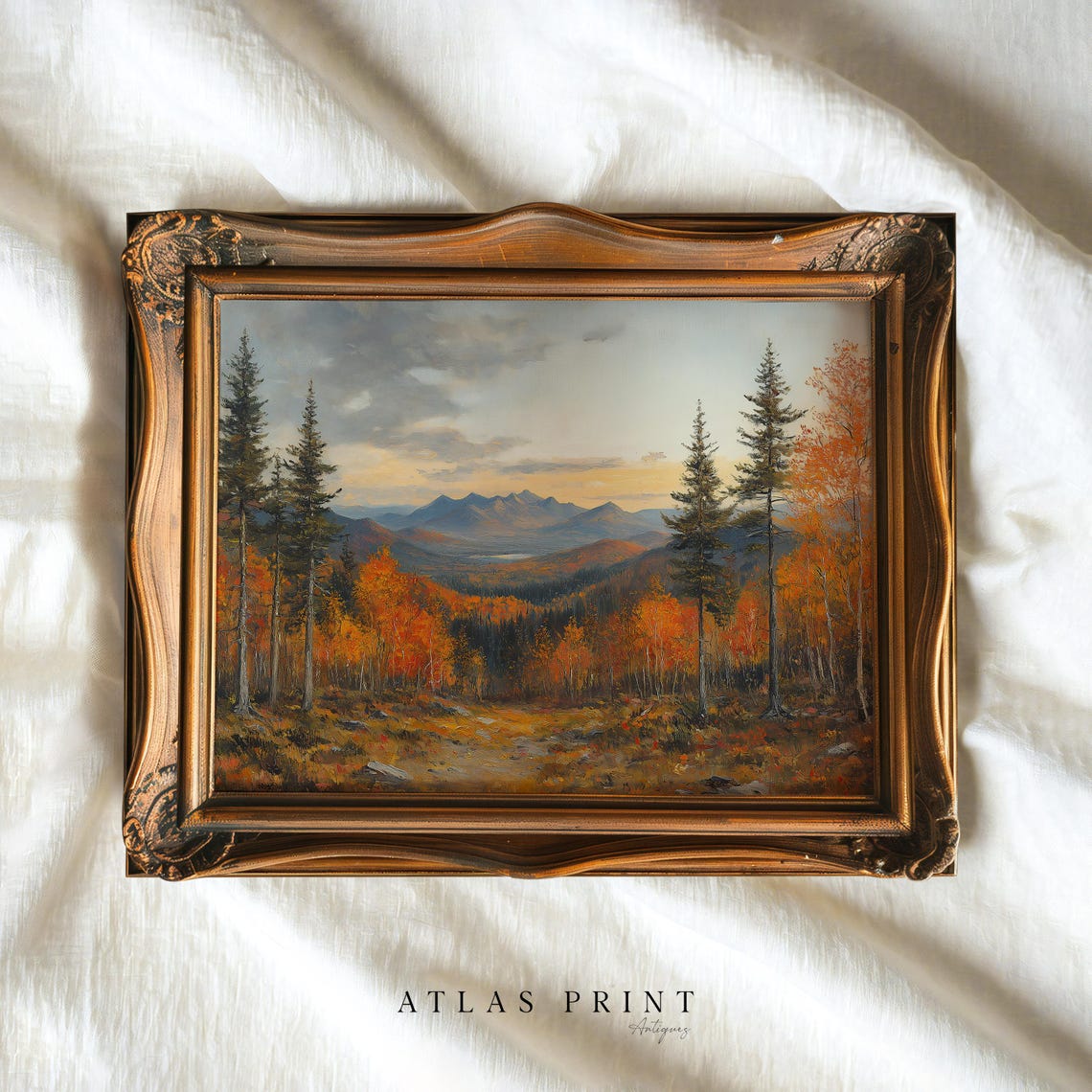 Autumn Forest Landscape Sunset Mountains Orange Pines Painting Poster - Image 3