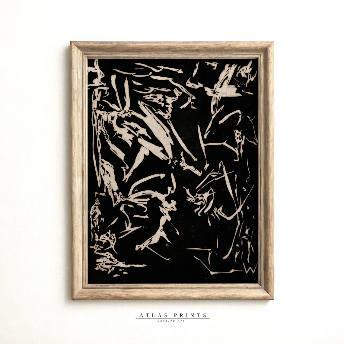 Black Abstract Gestural White Strokes Modern Minimalist Wall Art