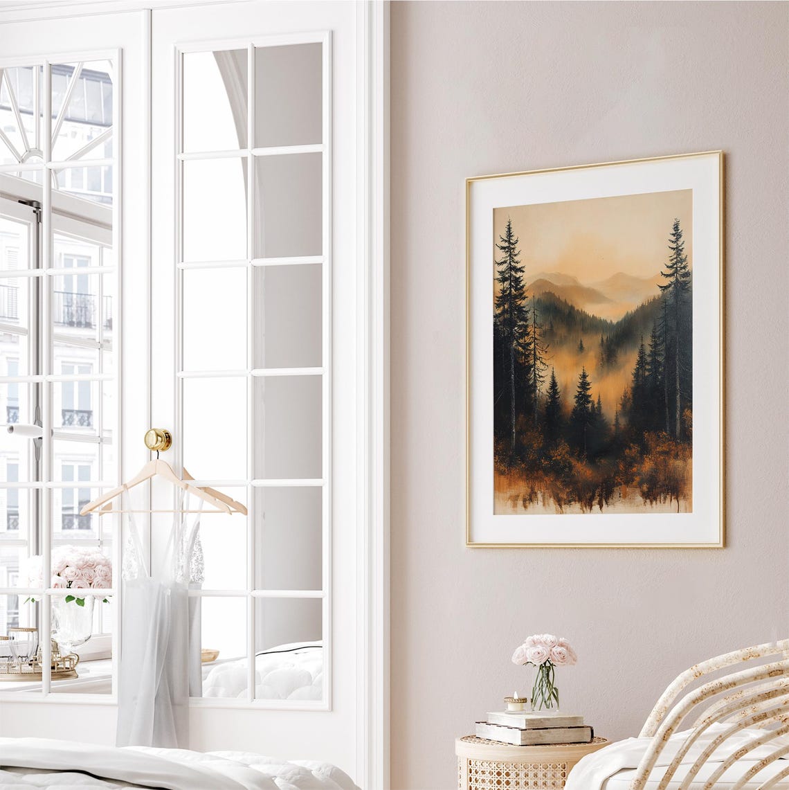 Moody Autumn Forest Misty Mountains Golden Pines Painting Wall Art - Image 3