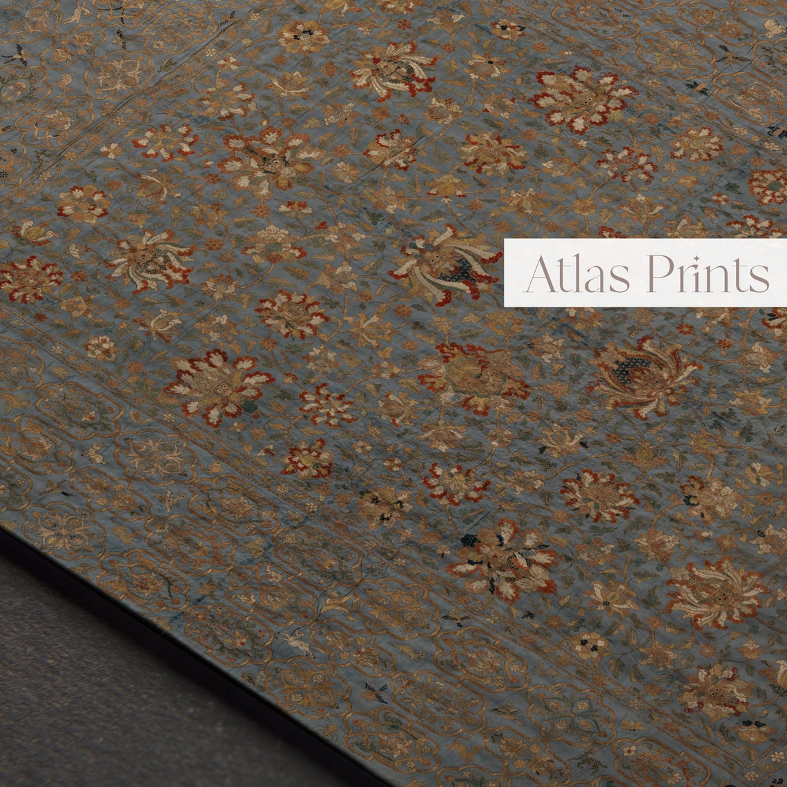 Antique Blue Floral Rug Textile Pattern Carpet Vintage Country Poster - Image 3