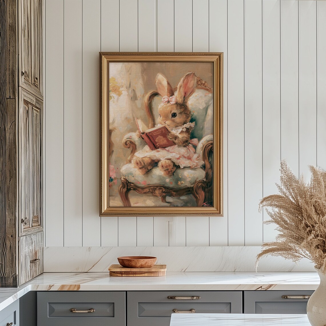 Cute Pink Bunny Reading Book In Armchair Vintage Nursery Poster - Image 4