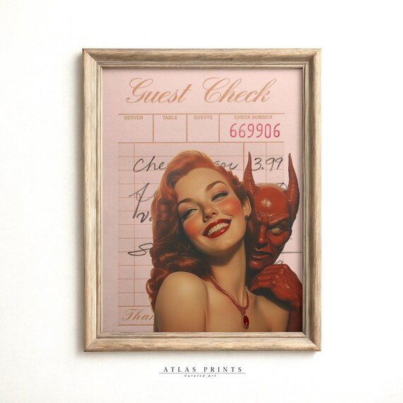 Vintage Pin Up Girl and Red Devil Retro Guest Check Halloween Poster
