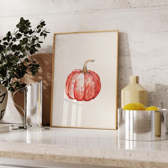 Red Watercolor Pumpkin Single Fall Kitchen Harvest Minimalist Poster