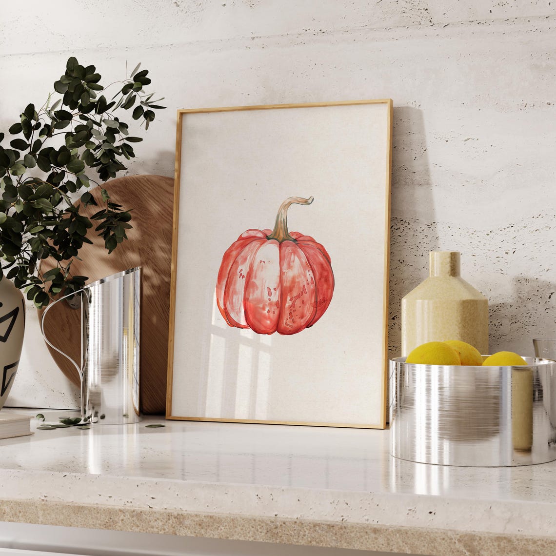 Red Watercolor Pumpkin Single Fall Kitchen Harvest Minimalist Poster