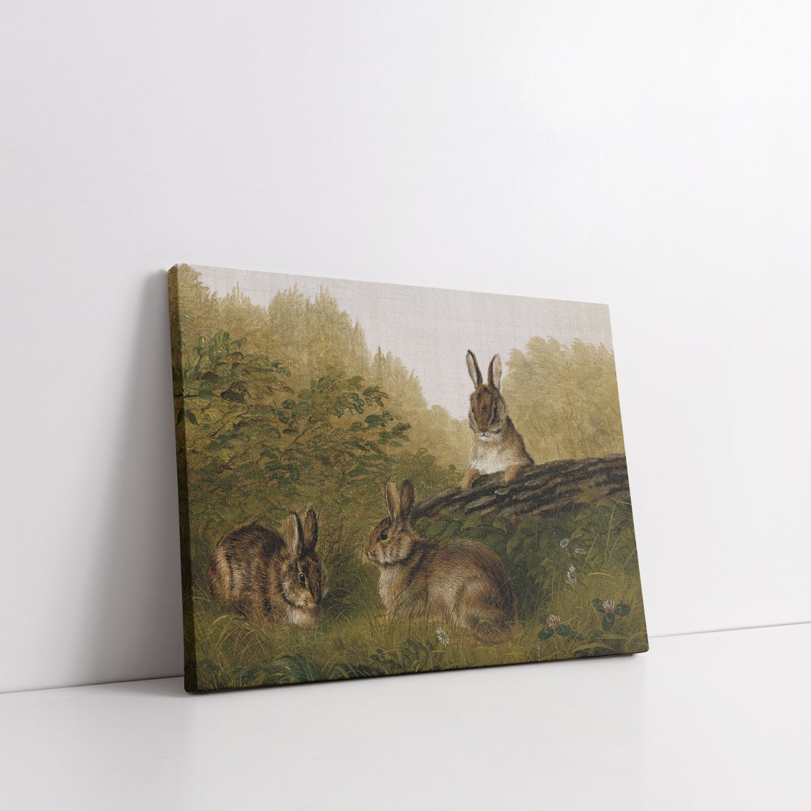 Vintage Rabbit Oil Painting Three Hares Forest Scene Rustic Poster - Image 5
