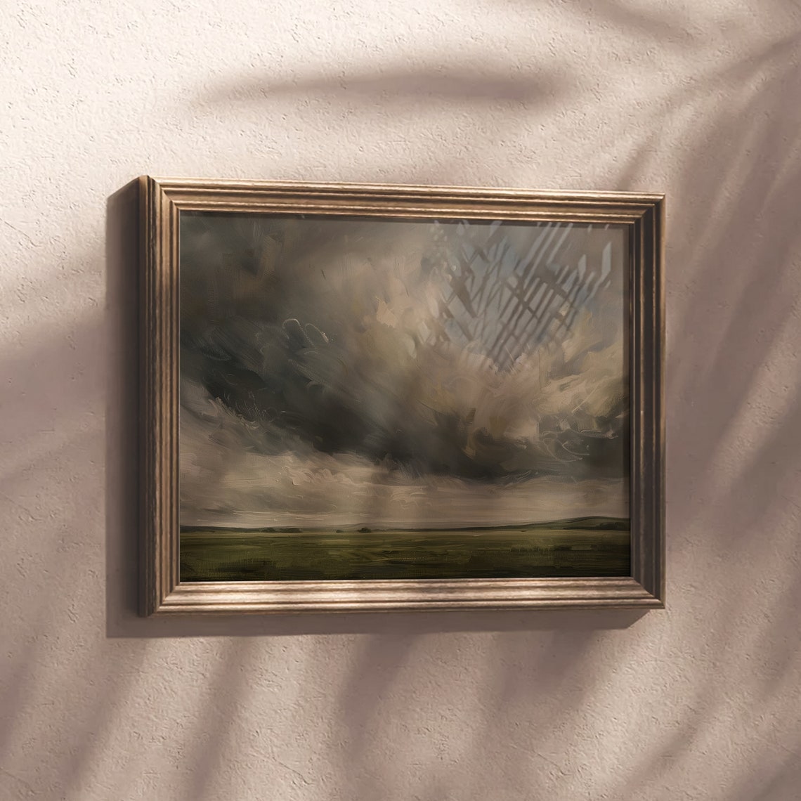 Moody Vintage Stormy Sky Over Green Pasture Landscape Painting Poster - Image 2