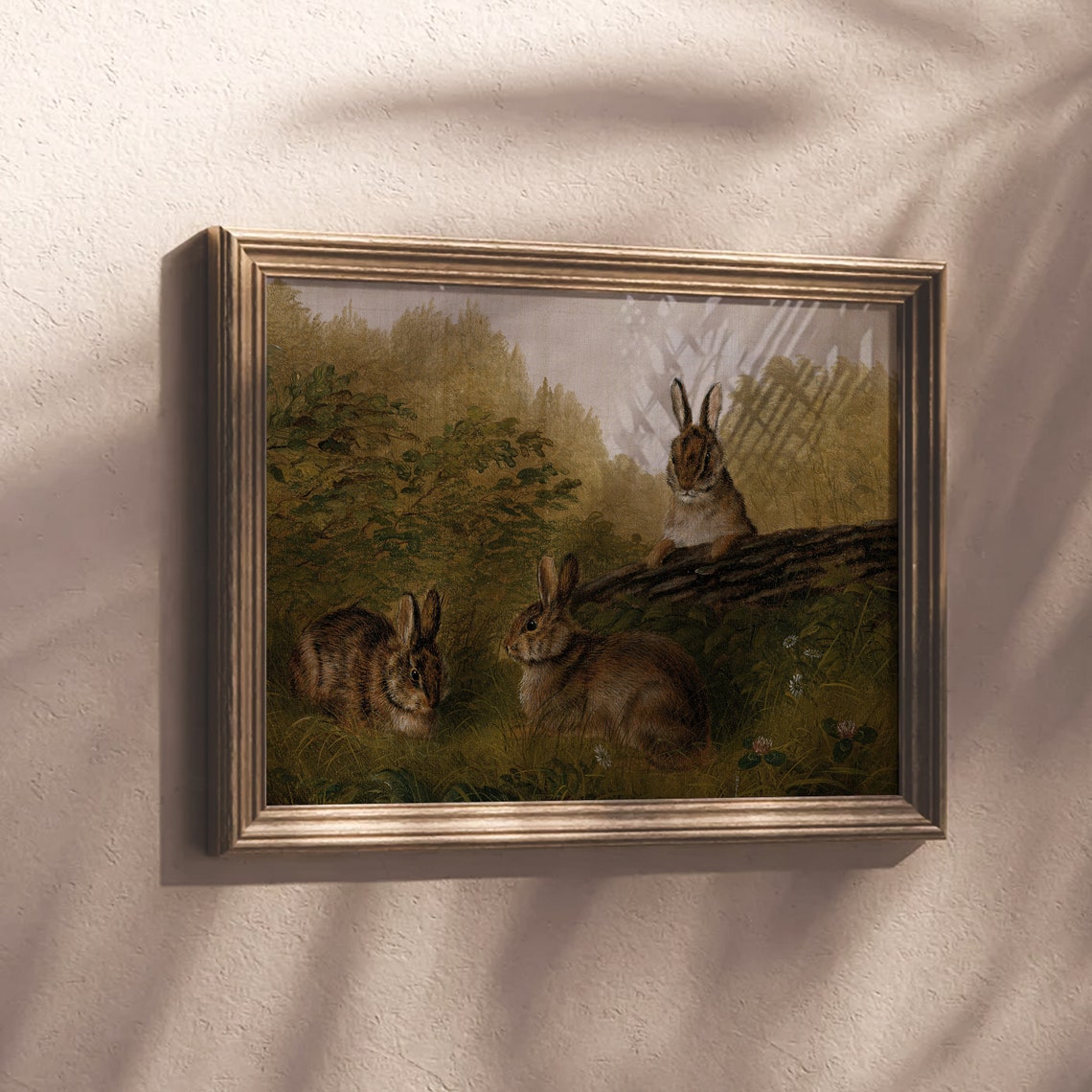 Vintage Rabbit Oil Painting Three Hares Forest Scene Rustic Poster - Image 3