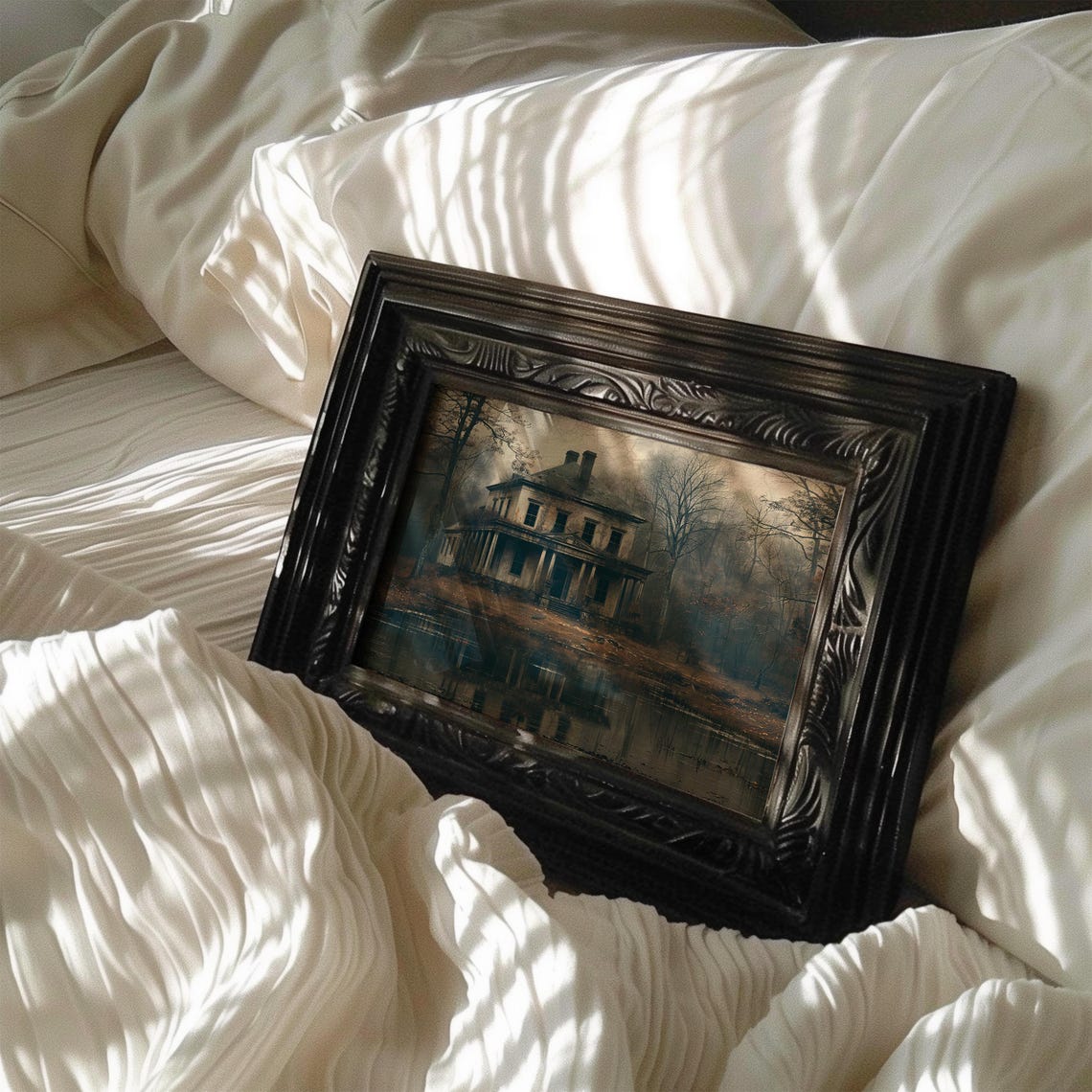 Haunted Manor House Reflected In A Pond Dark Autumn Art Poster - Image 5