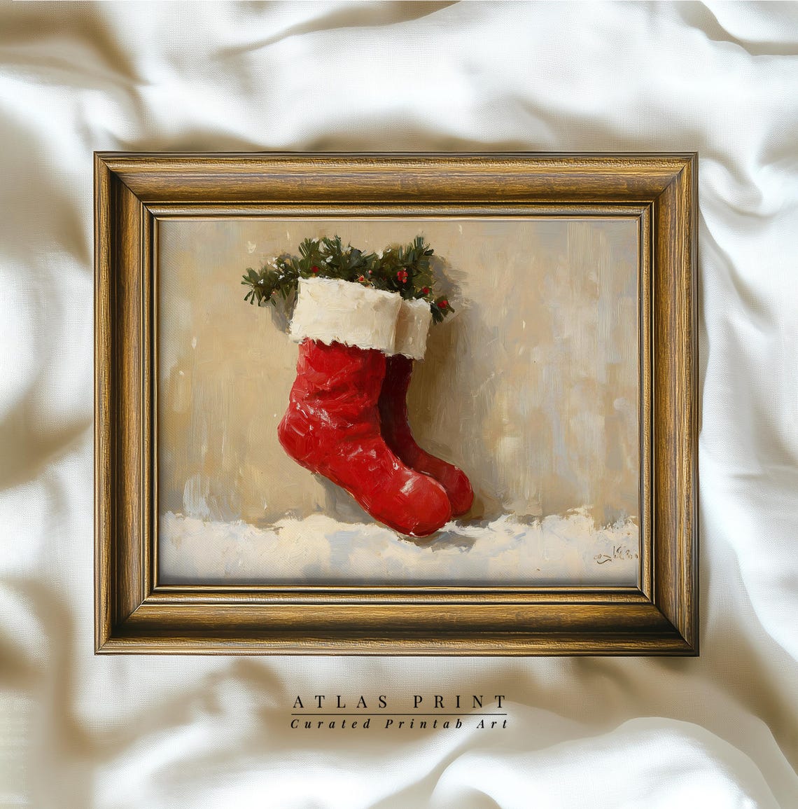 Red Christmas Stocking With Greenery Vintage Farmhouse Oil Poster
