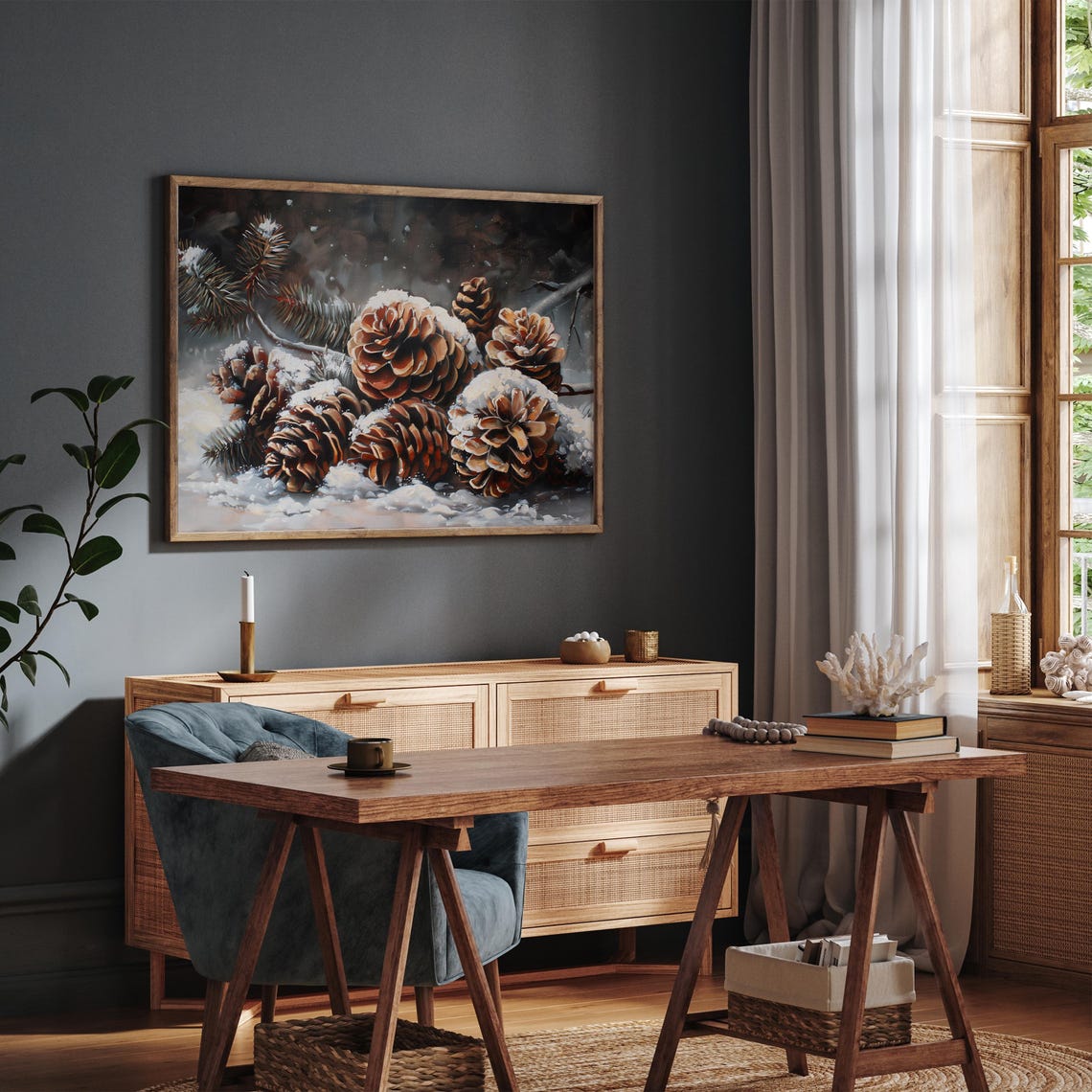 Vintage Snowy Pinecones Winter Still Life Oil Painting Poster - Image 5