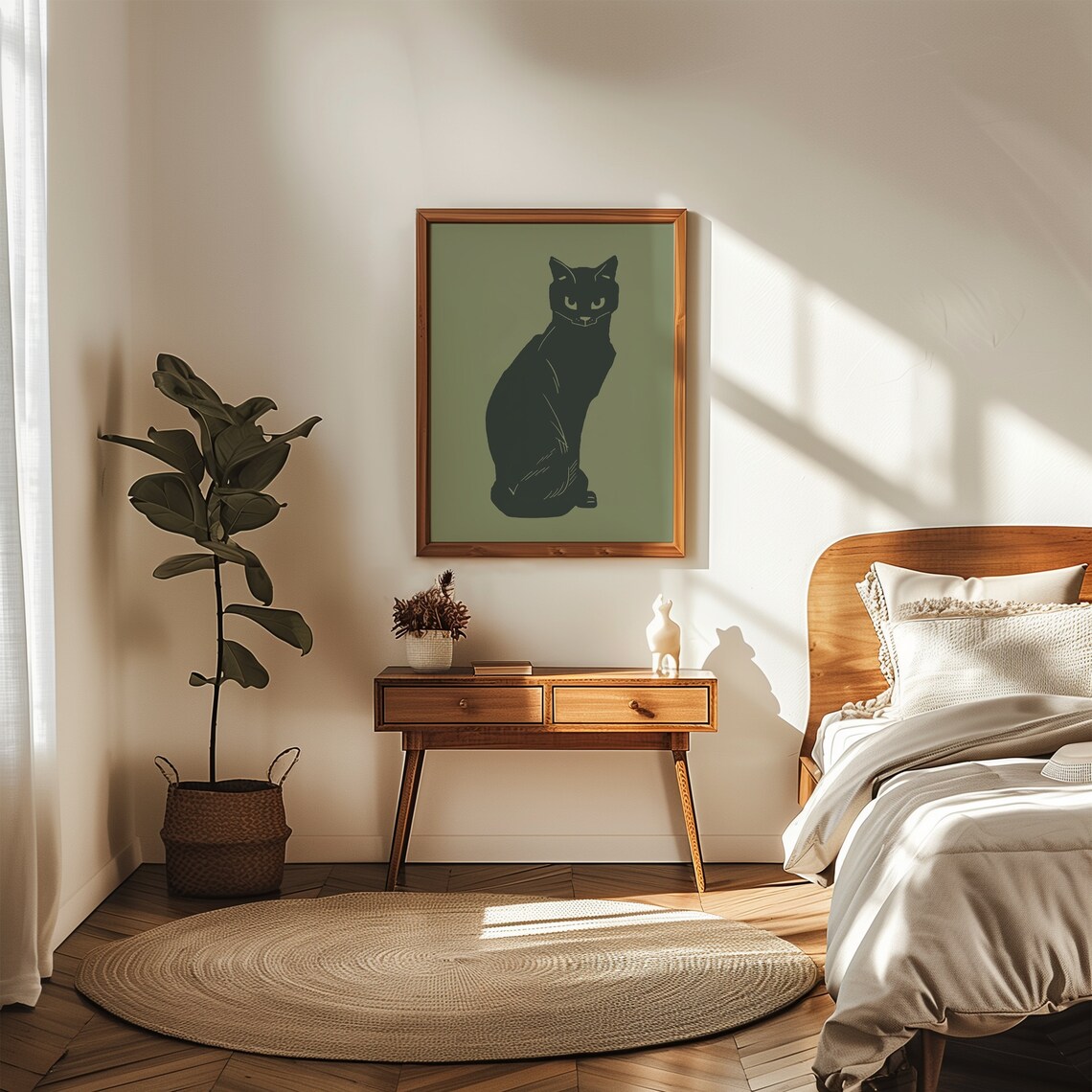 Minimalist Black Cat Silhouette On Sage Green Modern Illustration Poster - Image 2