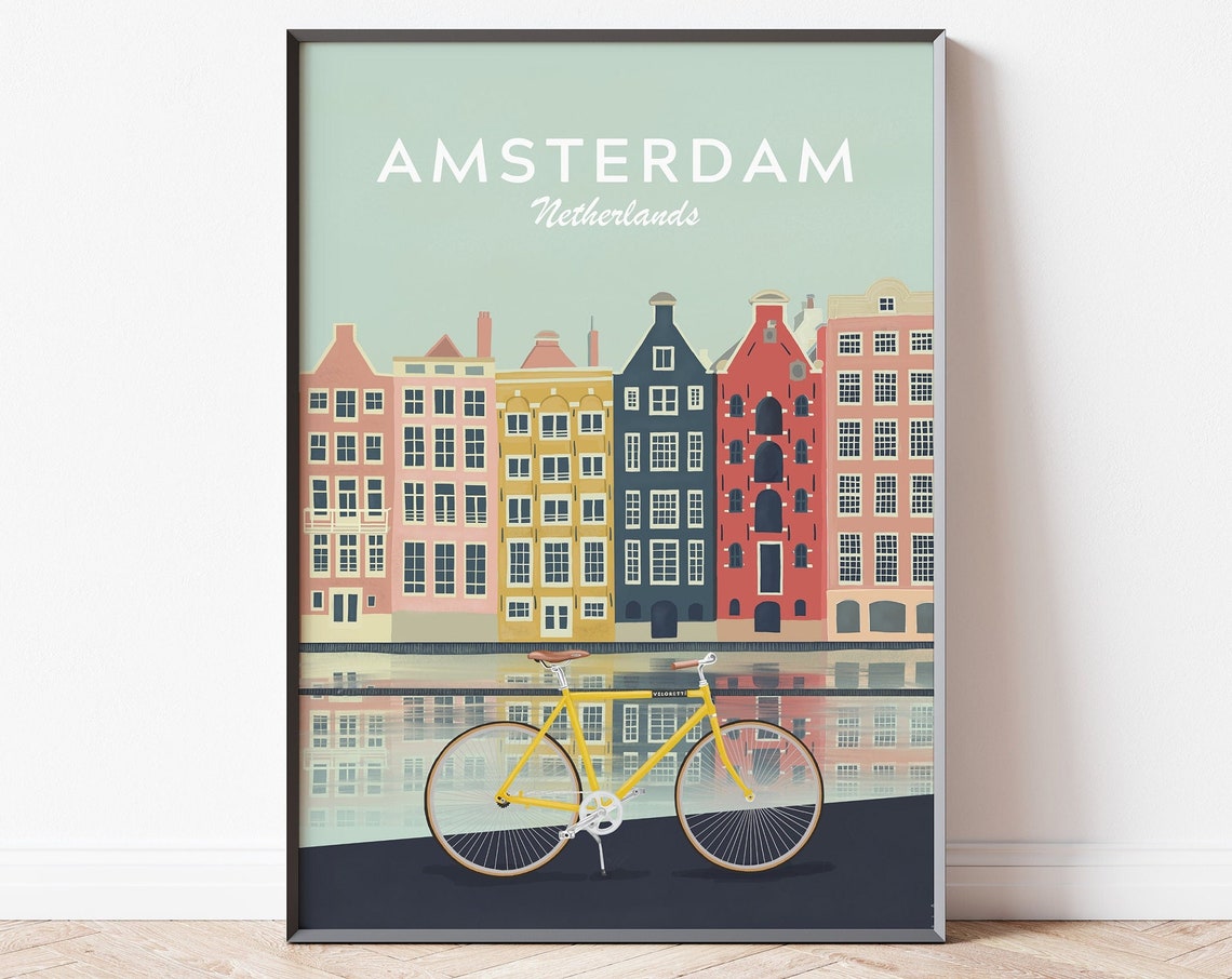 Amsterdam City Illustration Dutch Houses Poster Holland Travel Print Holland Poster Vintage Travel Art Amsterdam Holiday Birthday Gift
