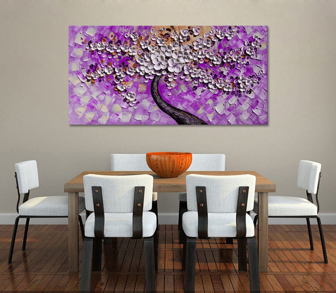 Hand Painted Purple White Cherry Blossom Flower Oil Painting On Living Room Home Decor Wall Art Textured Art Palette Knife Painting - Image 3