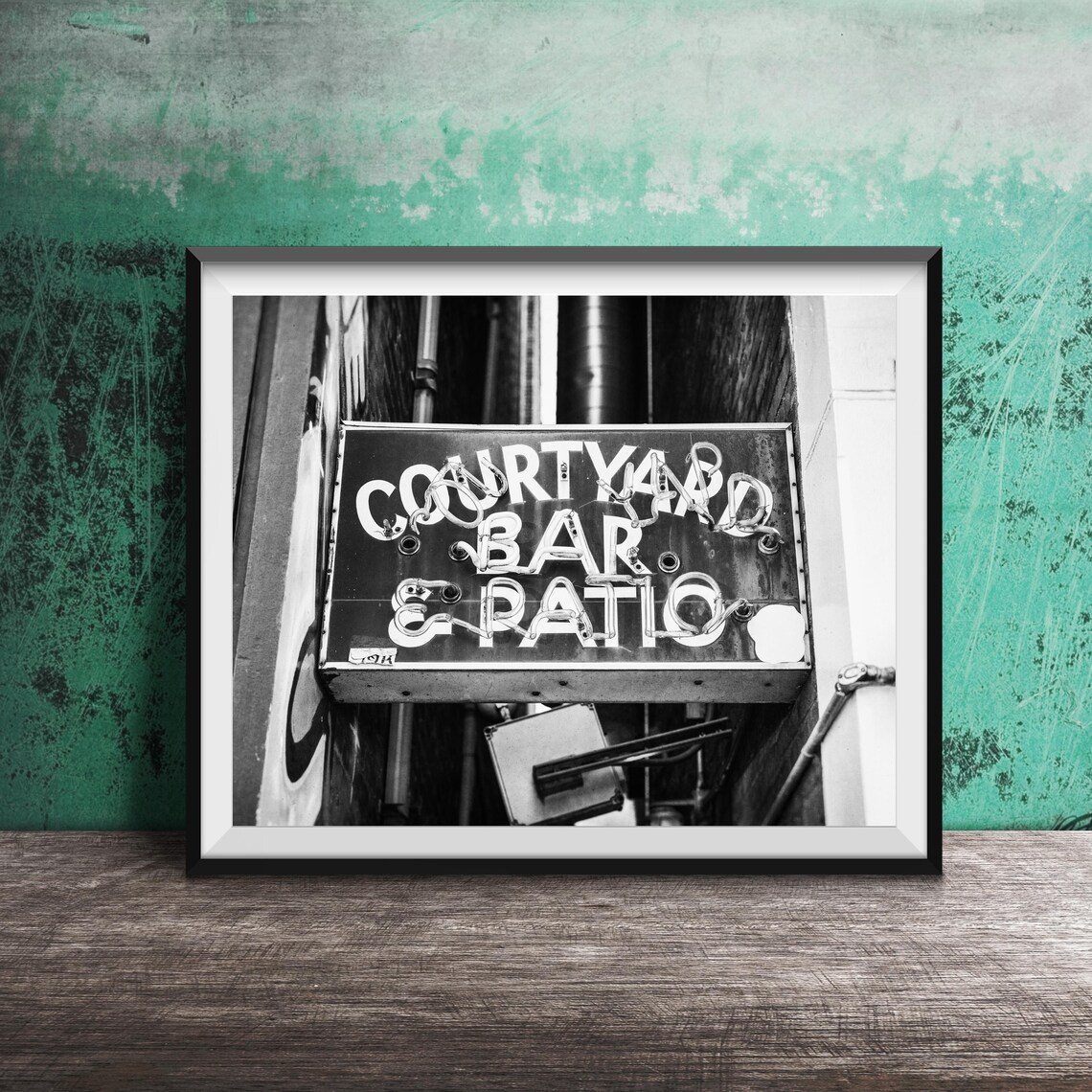 Courtyard Bar And Patio Neon Sign Black And White Photo Print