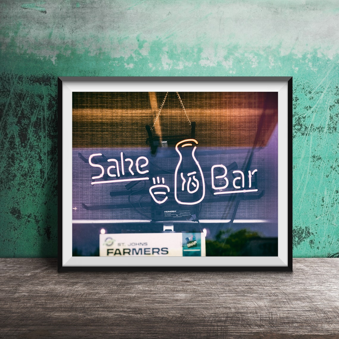 Sake Bar Neon Window Sign with Sake Bottle Photography Poster