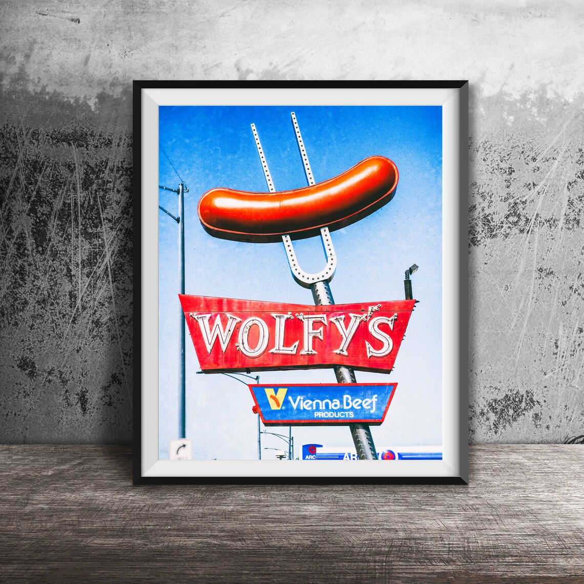 Wolfys Vienna Beef Giant Hot Dog on Fork Sign Photography Poster
