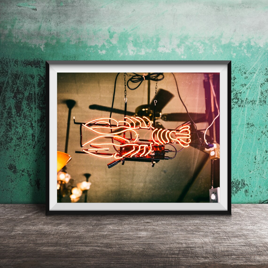 Neon Crawfish Sign Hanging in Restaurant Bar Photography Poster
