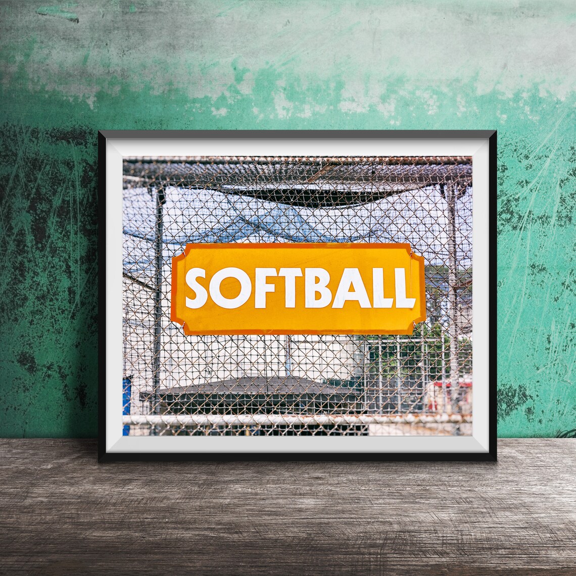 Bright Yellow Softball Sign On Chain Link Batting Cage Fence Poster