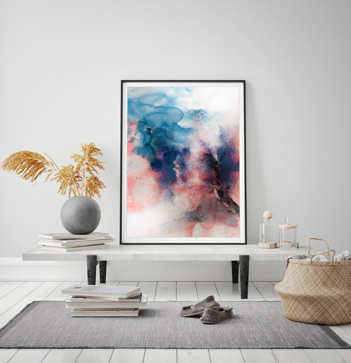 Blue Pink Ink Watercolor Abstract Modern Contemporary Art Poster