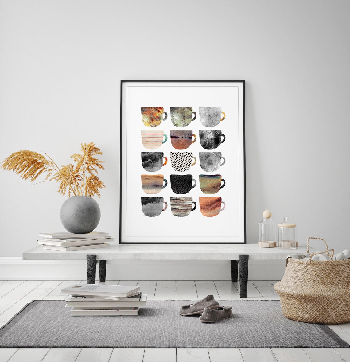 Watercolor Coffee Cups Patterned Grid Cozy Kitchen Decor Poster - Image 2