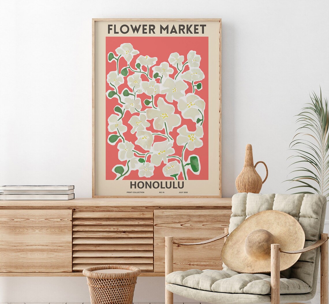 Flower Market Honolulu White Plumeria Coral Floral Poster No.16