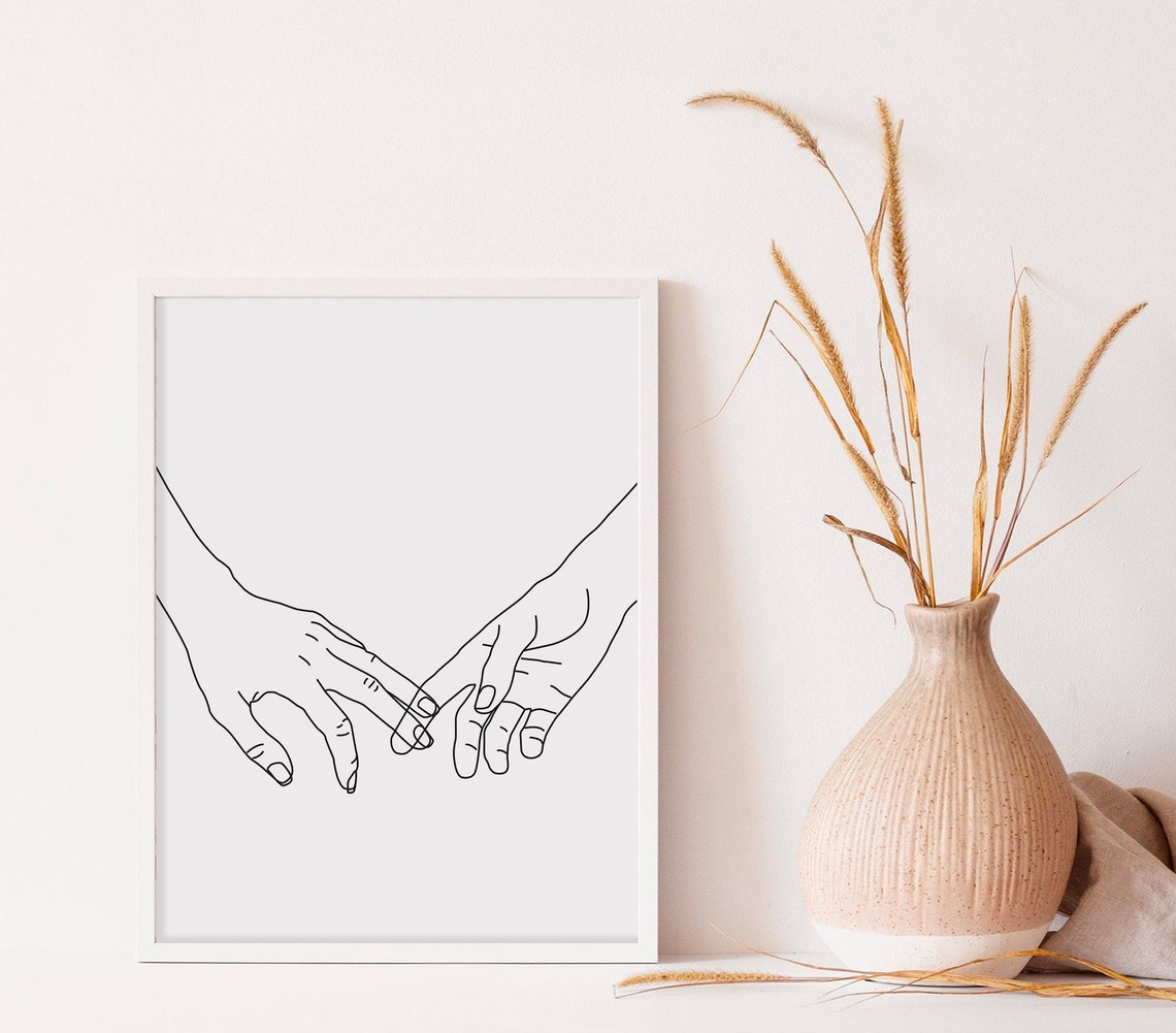 Two Hands Reaching Fingertips Minimalist Line Art Drawing Poster