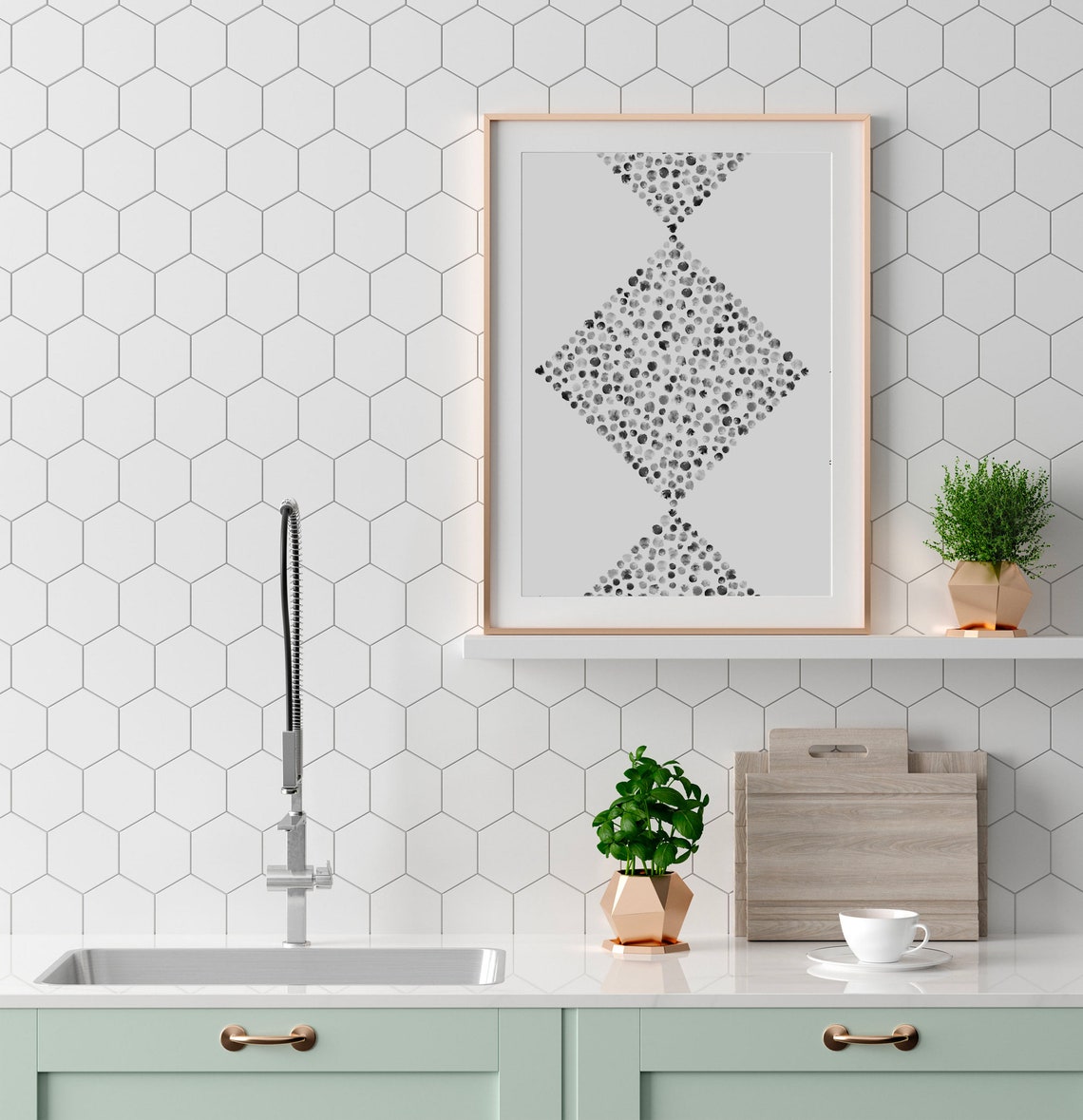 Black White Watercolor Dots Diamond Geometric Modern Abstract Poster - Image 2