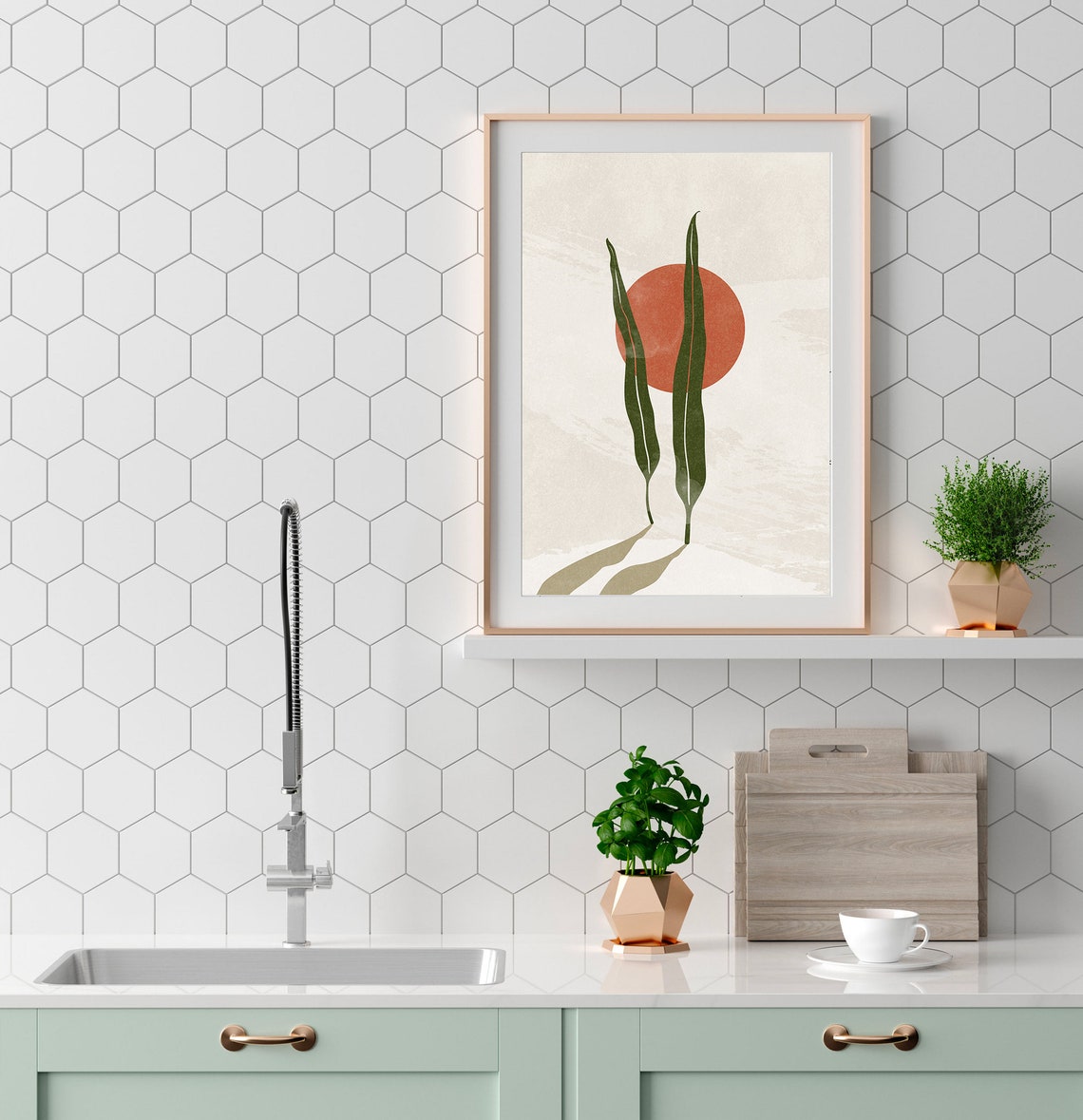 Abstract Botanical Leaves Terracotta Sun Minimalist Art Print