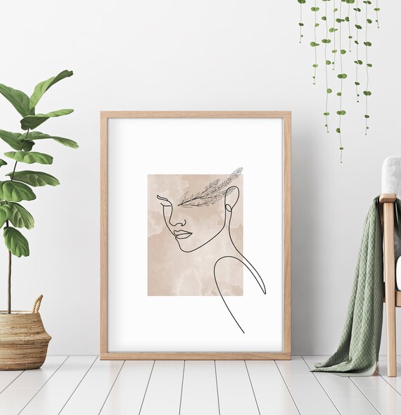 Abstract Female Face One Line Drawing Beige Floral Wall Poster