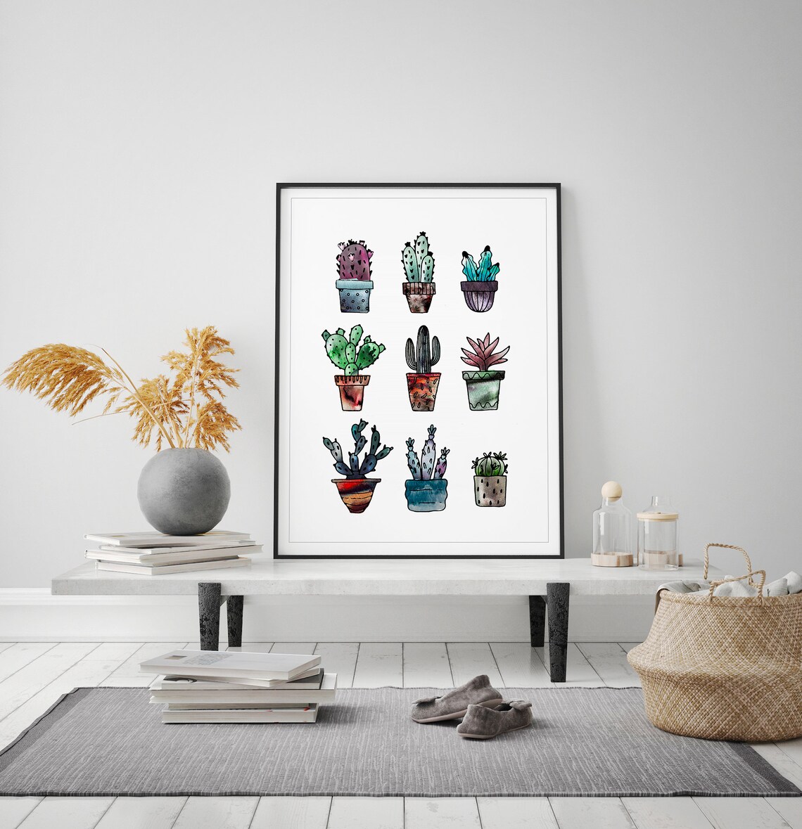Nine Watercolor Potted Cactus Collection Botanical Art Poster