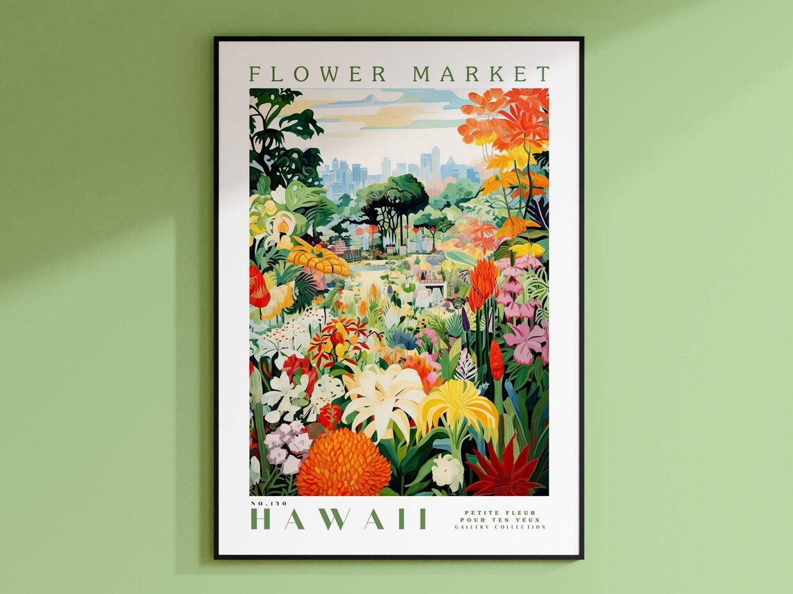 Hawaii Flower Market, Tropical Botanical Travel Poster