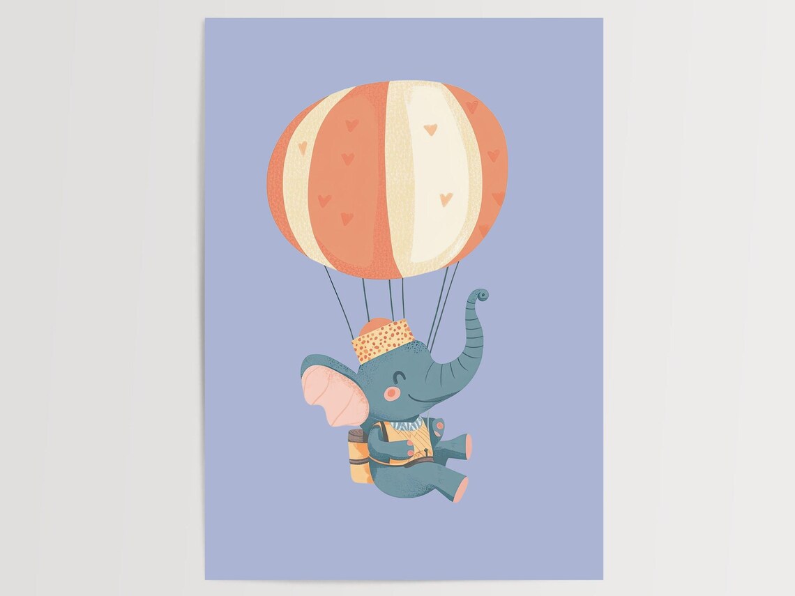 Baby Elephant Hot Air Balloon Adventure Nursery Kids Room Poster - Image 3